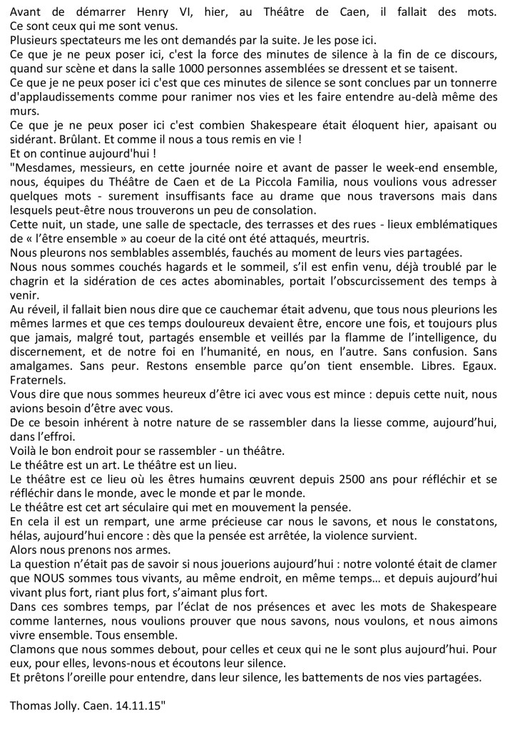 Thomas Jolly théâtre de Caen le 14 novembre 2015